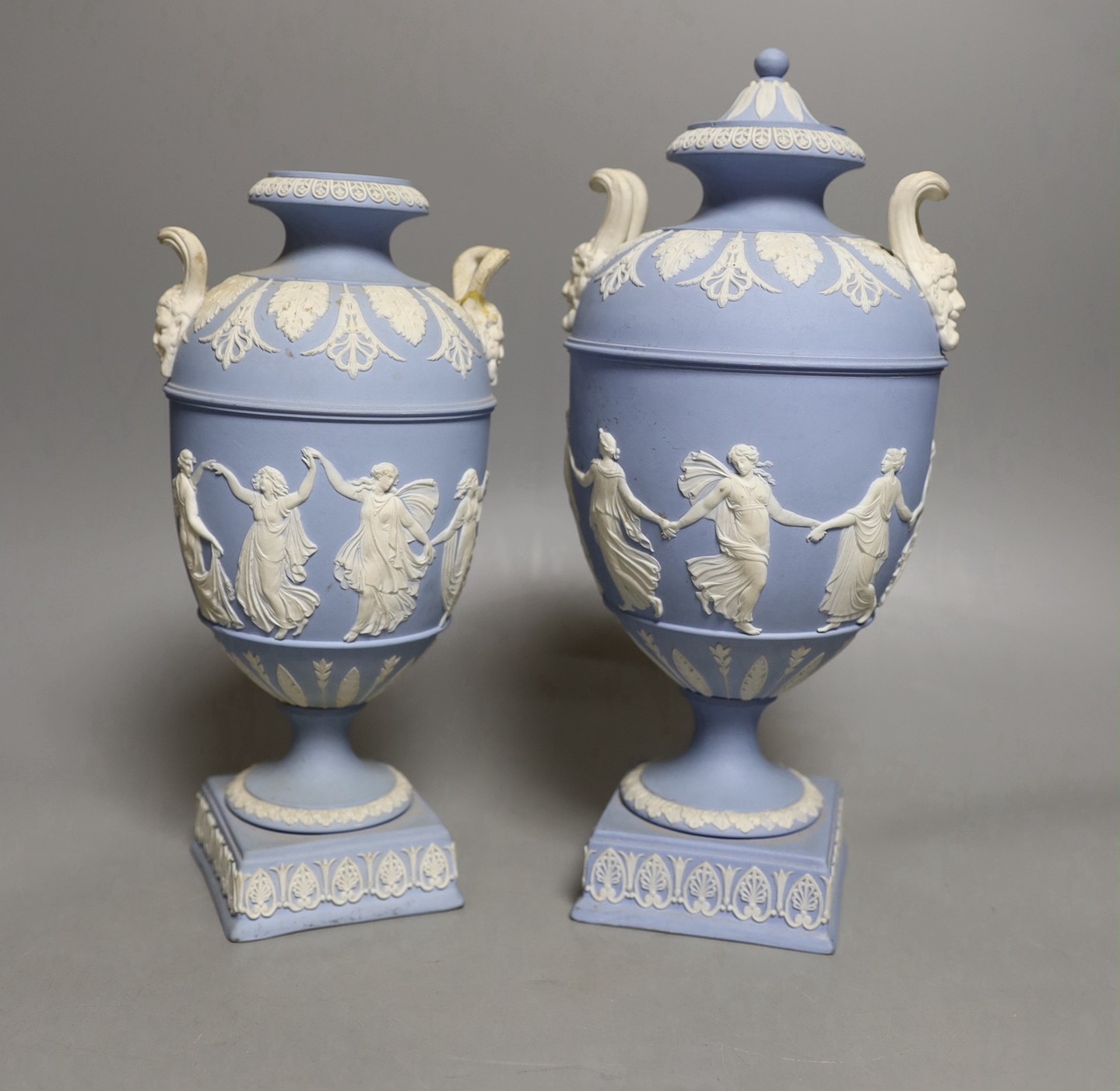 A 19th century Wedgwood blue jasper vase and another smaller c.1900, latter without cover, 26 cms high (including cover)